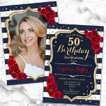 Convite Marinho White Stripes Rosa vermelha Foto 50º Anive<br><div class="desc">Elegante convite floral feminino de 50 anos com sua foto no final do cartão. Design vermelho branco com marinho brilhante com ouro brilhante falso. Apresenta faixas marinho azul e branca, rosas vermelhas, fonte de script e confetti. Perfeito para uma festa de comemoração de na moda adulto. Personalize com seus próprios...</div>