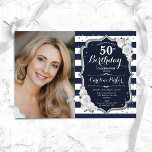 Convite Marinho White Stripes Silver Foto 50º Aniversário<br><div class="desc">Elegante convite floral feminino para o 50º aniversário com sua foto. Design branco-cor-de-rosa com marinho brilhante com prata fluorescente. Apresenta faixas marinho azul e branca, rosas, fonte de script e confetti. Perfeito para uma festa de comemoração de na moda adulto. Personalize com seus próprios detalhes. Pode ser personalizado para qualquer...</div>