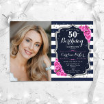 Convite Marinho White Stripes Silver Pink Foto 50º Anivers<br><div class="desc">Elegante convite de 50 anos femininos com sua foto. Design branco-cor-de-rosa com marinho brilhante com prata fluorescente. Apresenta faixas marinho azul e branca, rosas cor-de-rosa, fonte de script e confetti. Perfeito para uma festa de comemoração de na moda adulto. Personalize com seus próprios detalhes. Pode ser personalizado para qualquer idade!...</div>
