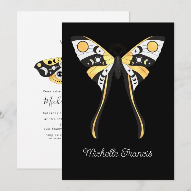 Convite Mariposas Douradas Celestiais Místicas (Frente/Verso)