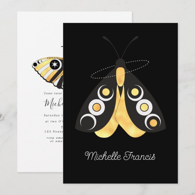 Convite Mariposas Prateadas e Douradas Astro Celestiais Mí (Frente/Verso)