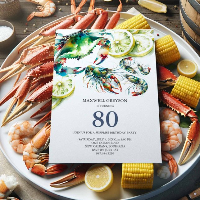 Convite Marisco Boil 80 Birthday Invances (80th birthday invitations for a man watercolor seafood boil cajun style crab, shrimp and crawfish)
