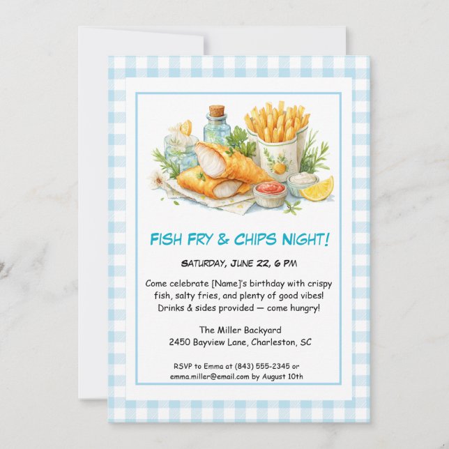 Convite Marisco casual - Peixes Fritos e Chips Aniversário (Frente)