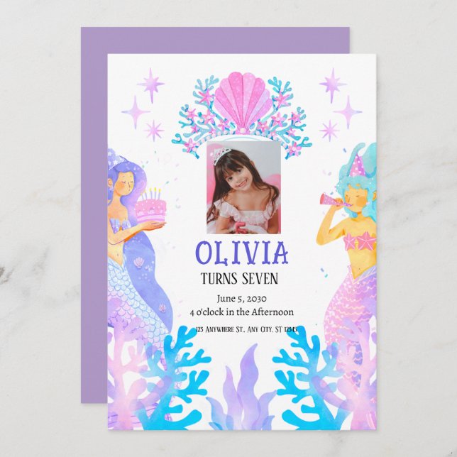 Convite Marmaid aniversário (Frente/Verso)