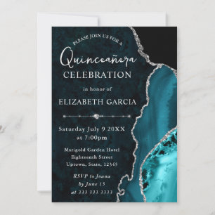 Convite Mármore Ágata Prata Turquesa Glam Quinceañera