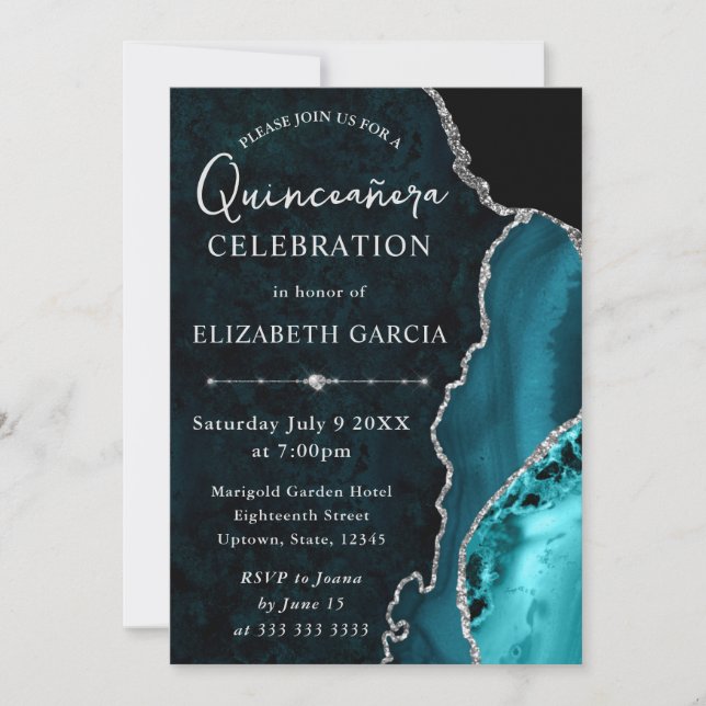 Convite Mármore Ágata Prata Turquesa Glam Quinceañera (Frente)
