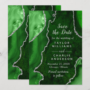 Convite Mármore Ágata Verde e Prata Save The Date