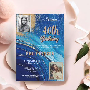 Convite Mármore Azul Dourado Brilho 2 Foto 40º Aniversário