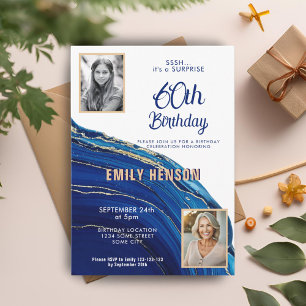 Convite Mármore Azul Dourado Brilho 2 Foto 60º Aniversário