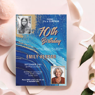 Convite Mármore Azul Dourado Brilho 2 Foto 70º Aniversário