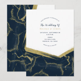 Convite Mármore Azul Escuro e Dourado Chic Casamento Moder