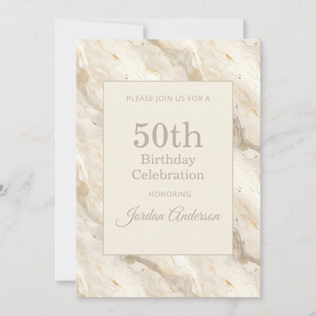 Convite Mármore Bege Claro Aniversário de 50 anos (Frente)