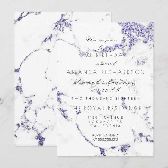 Convite Mármore Branco Carrara Glitter Azul Índigo Elegant (Frente/Verso)