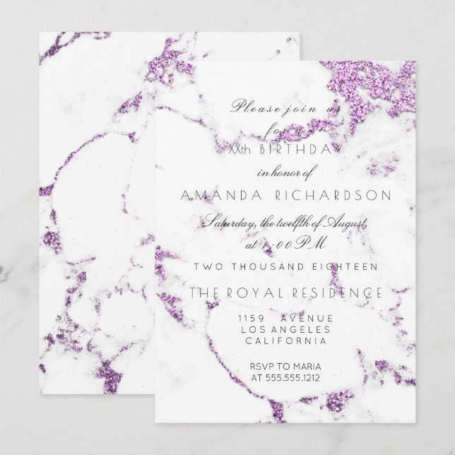 Convite Mármore Branco Carrara Glitter Lilás Roxo Elegante (Frente/Verso)