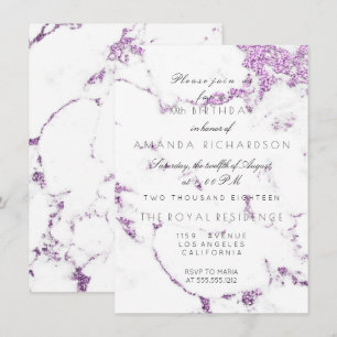 Convite Mármore Branco Carrara Glitter Lilás Roxo Elegante