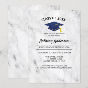 Convite Mármore Branco Com Graduação De Boné Marinho Azul