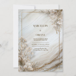 Convite Mármore Branco Dourado Casamento Botânico