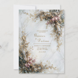 Convite Mármore Branco Dourado Rosa Floral Rococó Casament