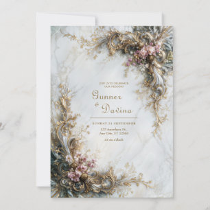 Convite Mármore Branco Dourado Rosa Floral Rococó Casament