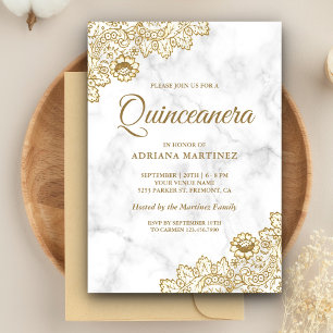 Convite Mármore Branco Dourado Vintage de Renda Country Qu