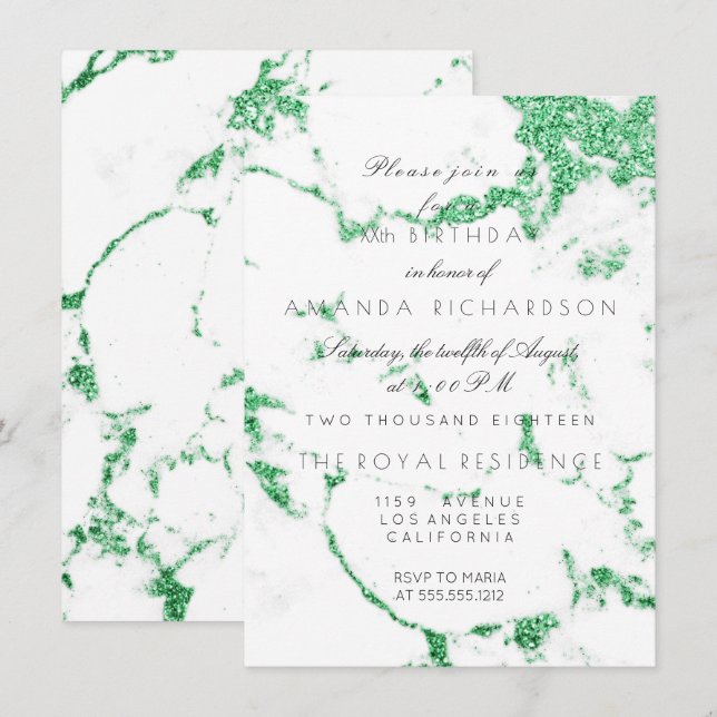 Convite Mármore Branco Grama Esmeralda Verde Brilho Aniver (Frente/Verso)