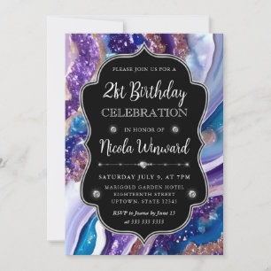 Convite Mármore Brilhante Azul e Roxo Aniversário de 21 An