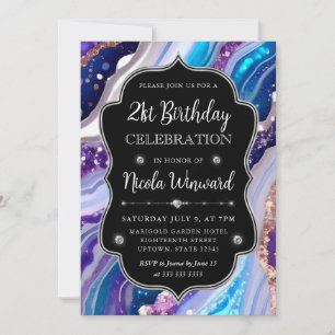 Convite Mármore Brilhante Azul e Roxo Aniversário de 21 an