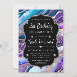 Convite Mármore Brilhante Azul e Roxo Aniversário de 21 an