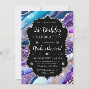 Convite Mármore Brilhante Azul e Roxo Aniversário de 21 an