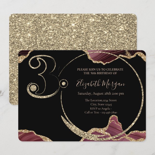 Convite Mármore Burgundy com Glitter Dourado Aniversário d (Frente/Verso)