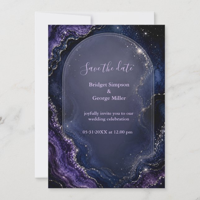 Convite Mármore de Ágata Galáxia Celestial Casamento (Frente)