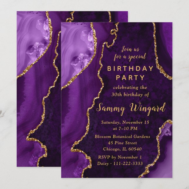 Convite Mármore de Ágata Roxo e Dourado Festa de Aniversár (Frente/Verso)
