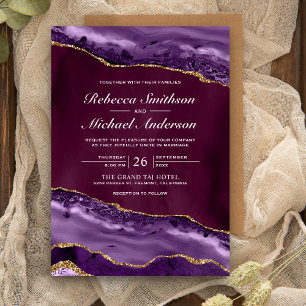 Convite Mármore de Ágata Roxo, Violeta e Dourado Casamento