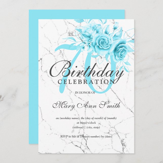 Convite Mármore de Festa de aniversário Floral Teal (Frente/Verso)