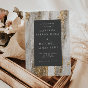 Convite Mármore de Luxo Dourado Traços branco e cinza