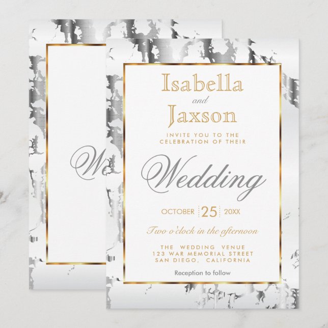 Convite Mármore de Prata, Dourado e Branco (Frente/Verso)