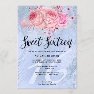 Convite Mármore-doce-brilhante azul-floral 16