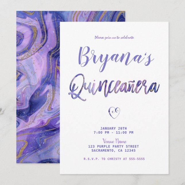 Convite Mármore Dourado Branco Roxo Chic Glam 15 Quinceañe (Frente/Verso)