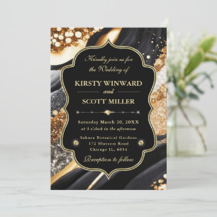 Convite Mármore Dourado Preto Glitter Casamento Elegante