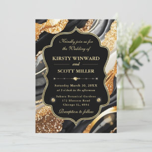 Convite Mármore Dourado Preto Glitter Casamento Elegante
