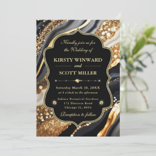 Convite Mármore Dourado Preto Glitter Casamento Elegante