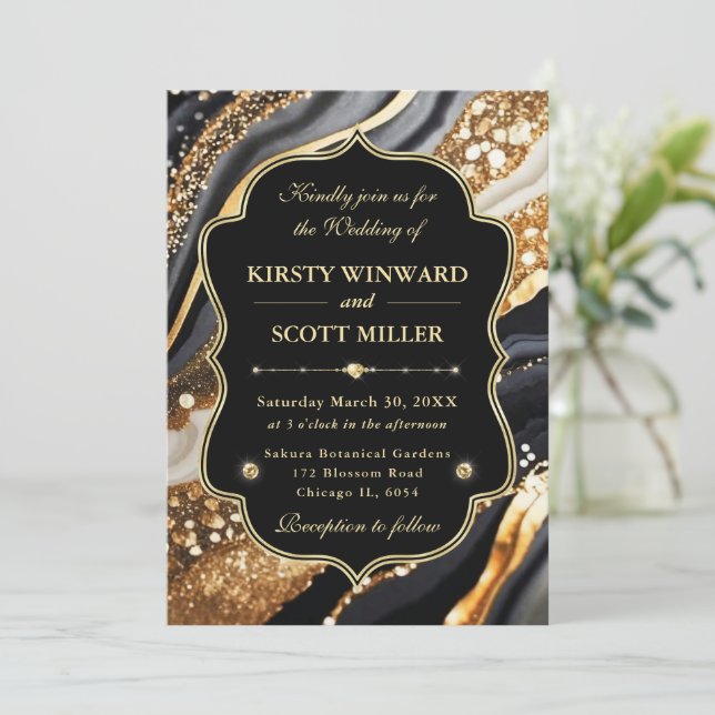 Convite Mármore Dourado Preto Glitter Casamento Elegante (Em pé/Frente)