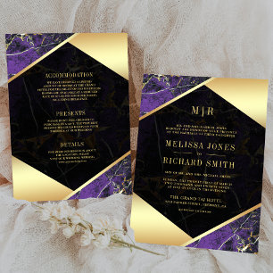 Convite Mármore Dourado Roxo Monograma Tudo em Um Casament