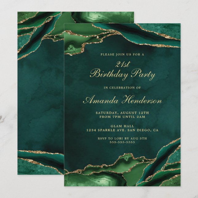 Convite Mármore Esmeralda Verde e Ágata Dourada (Frente/Verso)