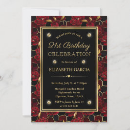 Convite Mármore Floral Vermelho Preto e Dourado Aniversári