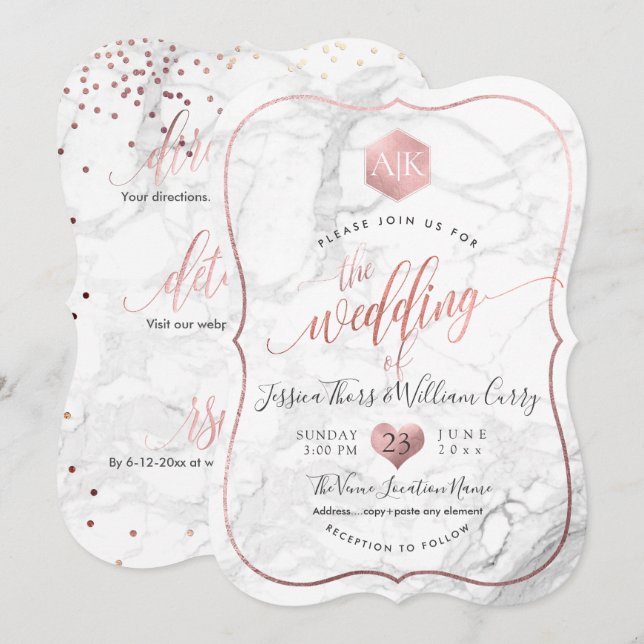 Convite Mármore PixDezines+Monograma+Faux RoseGold Honeyco (Frente/Verso)