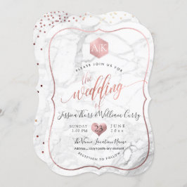 Convite Mármore PixDezines+Monograma+Faux RoseGold Honeyco