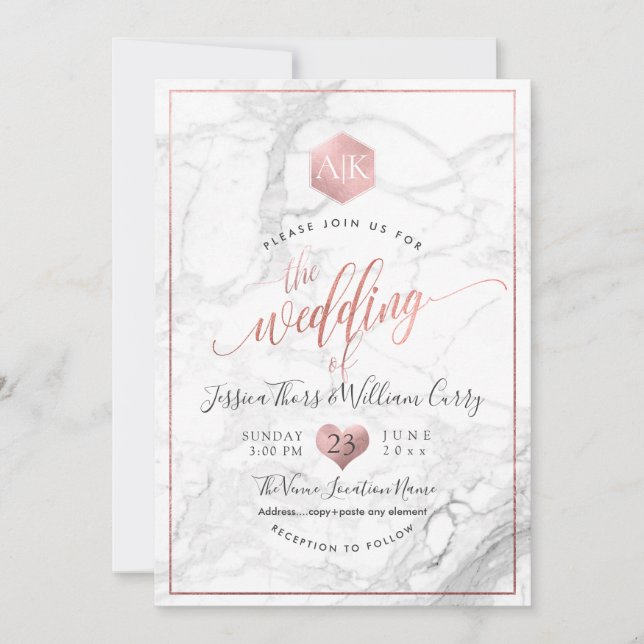 Convite Mármore PixDezines+Monograma+Faux RoseGold Honeyco (Frente)