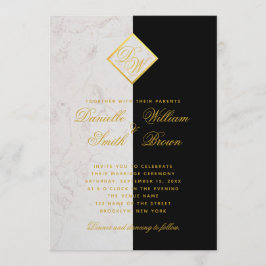 Convite Mármore Preto Branco Monograma Ouro Casamento Eleg