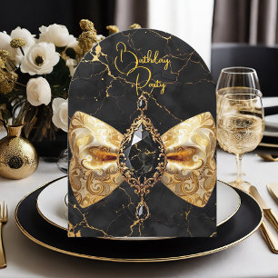 Convite Mármore Preto de Aniversário Dourado Paisley Laço
